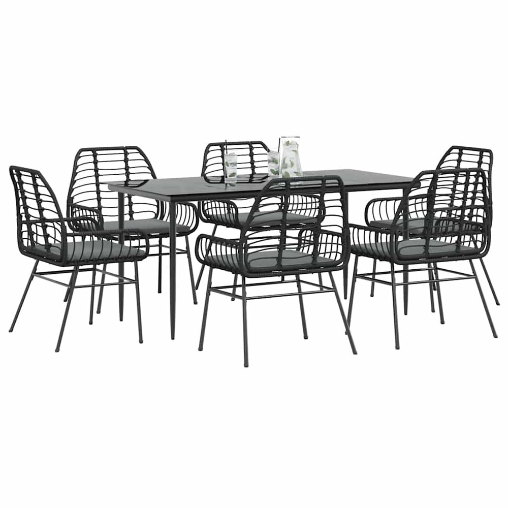 Ensemble à manger de jardin coussins 7pcs noir poly rotin verre