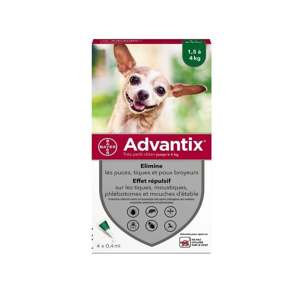 Pipettes antiparasitaire chien advantix 0,4 ml (1,5-4 kg) - bayer 24 pipettes