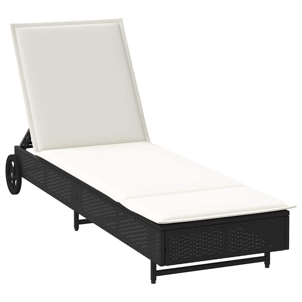 Chaise longue avec roues et coussin noir résine tressée bain de soleil