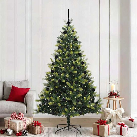 Sapin de noël artificiel 210 cm très touffu, qualité pvc/pe, avec 300 led et déco complète