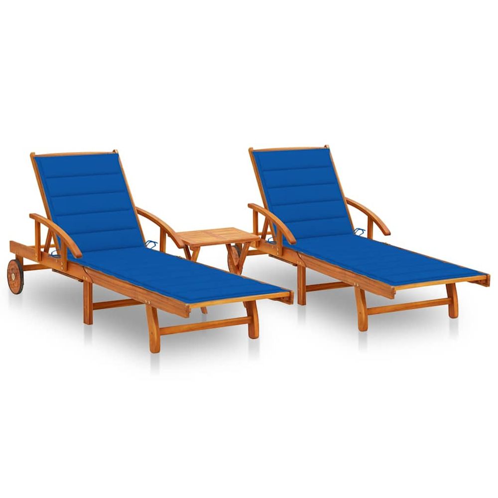 Chaises longues lot de 2 avec table et coussins acacia solide