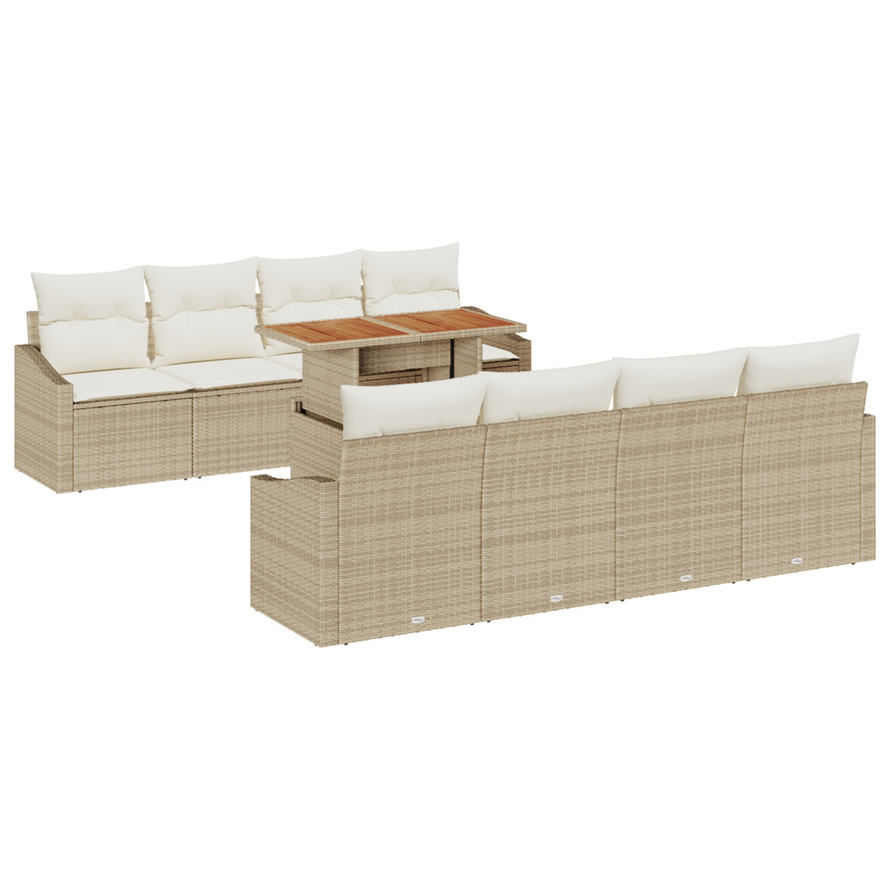 9 pièces ensemble de salle à manger de jardin avec coussins beige poly rattan acacia