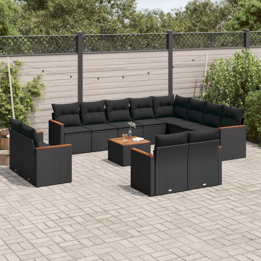 Salon de jardin avec coussins 13 pcs noir résine tressée