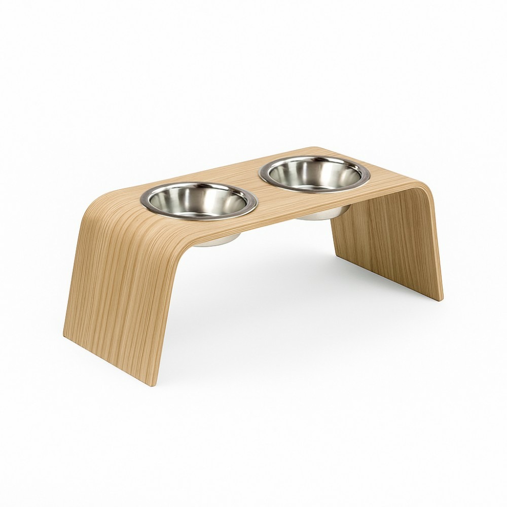 Gero - set de 2 gamelles surélevées en acier, socle bois chêne, 56x20x20cm