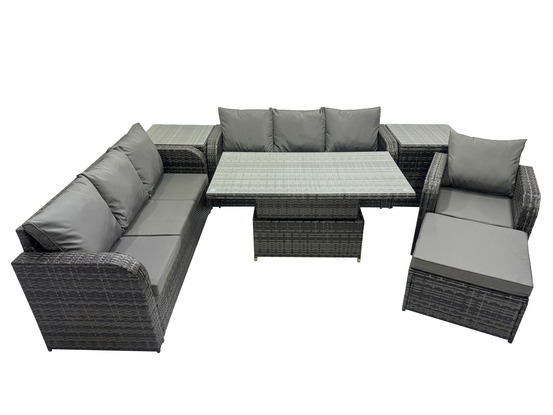 Salon de jardin table à manger réglable en hauteur canapé avec chaise inclinable 2 tables d'appoint grand tabouret gris foncé mixte