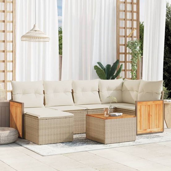 Salon de jardin avec coussins 7 pcs beige résine tressée