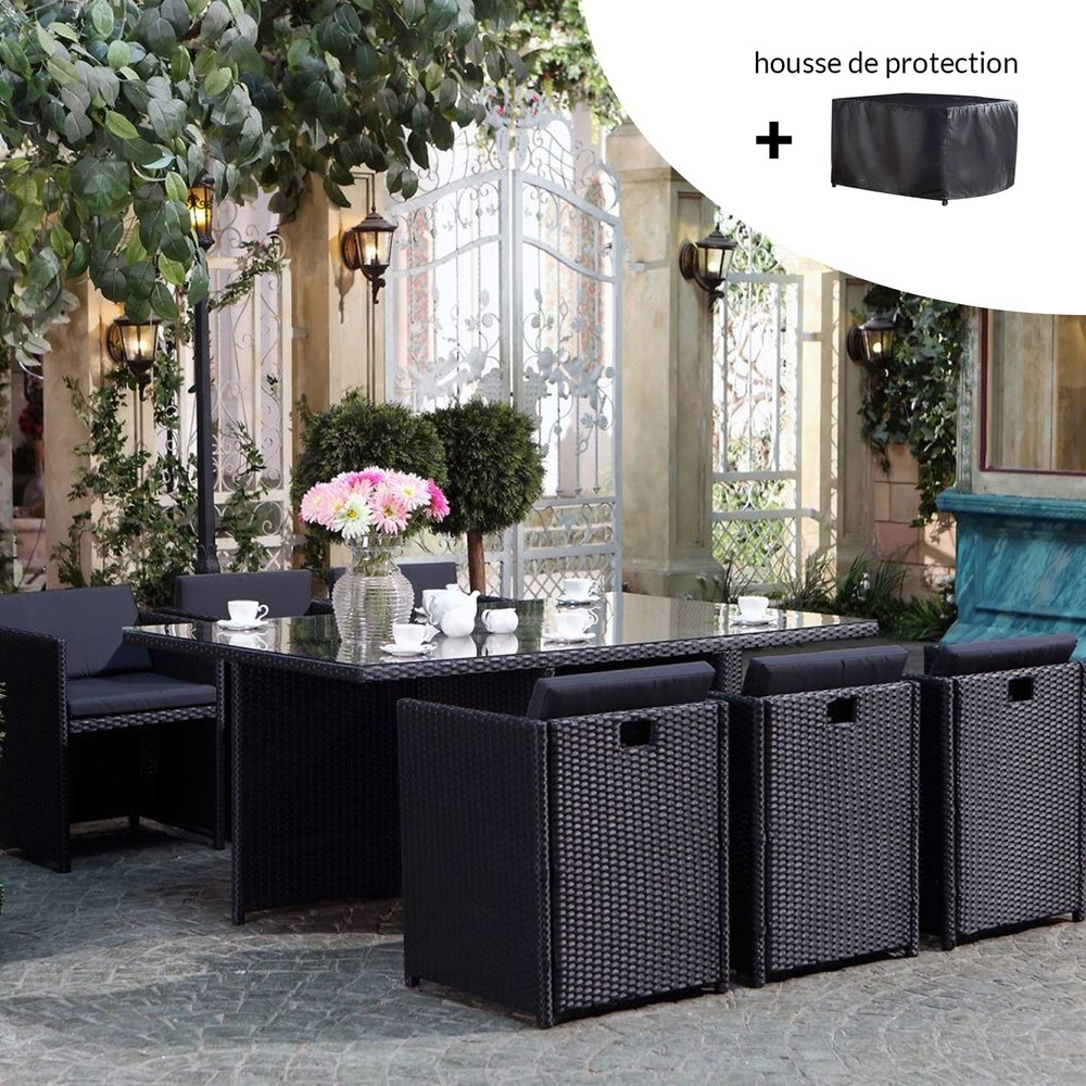 Miami - salon de jardin 6 places noir-noir + housse de protection miami