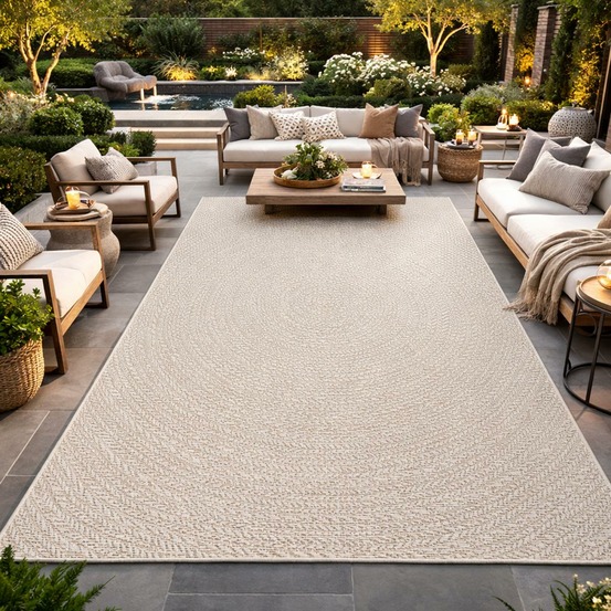 Tapis extérieur intérieur 160x230 lyn13 rezy aspect jute motif rond ton sur ton