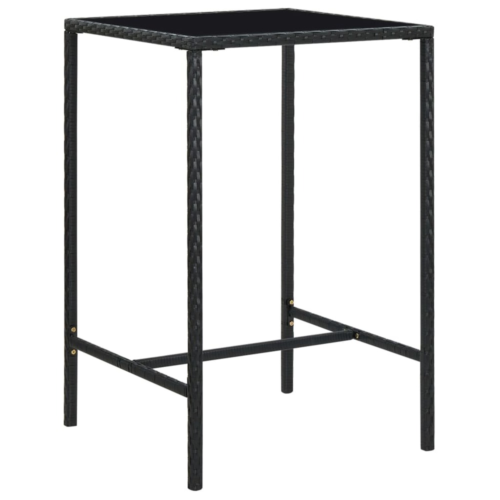 Table de bar de jardin noir 70x70x110cm résine tressée et verre
