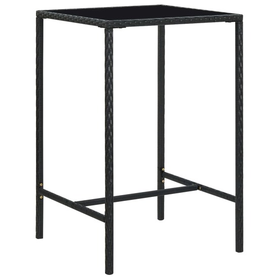 Table de bar de jardin noir 70x70x110cm résine tressée et verre