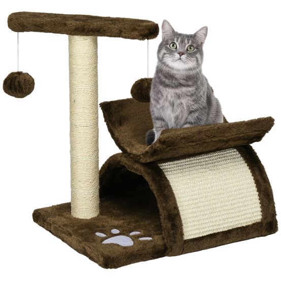 Petit arbre à chat compact peluche chaton griffoir tunnel 40x30x43cm marron