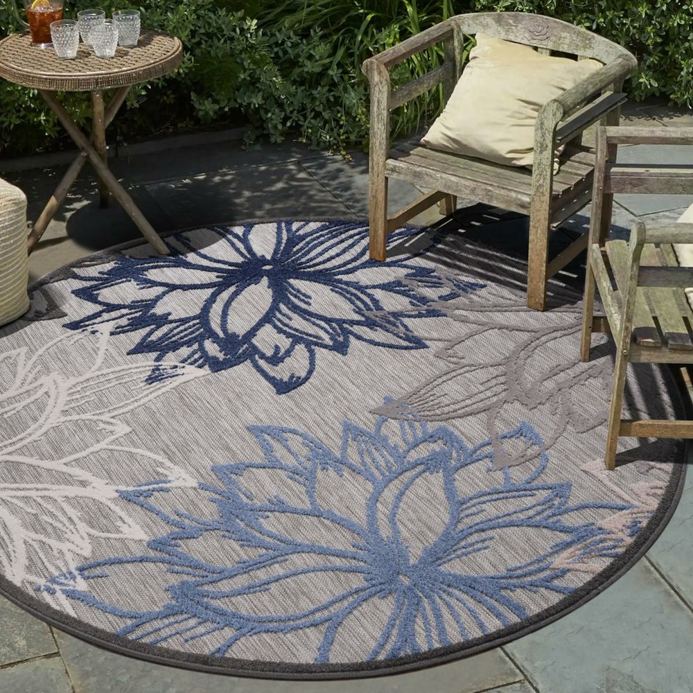 Tapis rond d'extérieur ø150cm tissé kilim gris et bleu chimeko