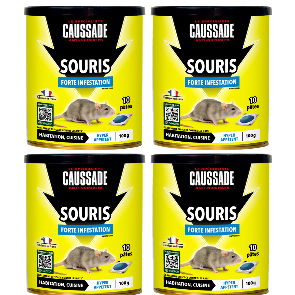 Caussade anti-souris – 40 sachets pâtes prêts à l’emploi, forte infestation, usage lieux secs et humides, 4x100g