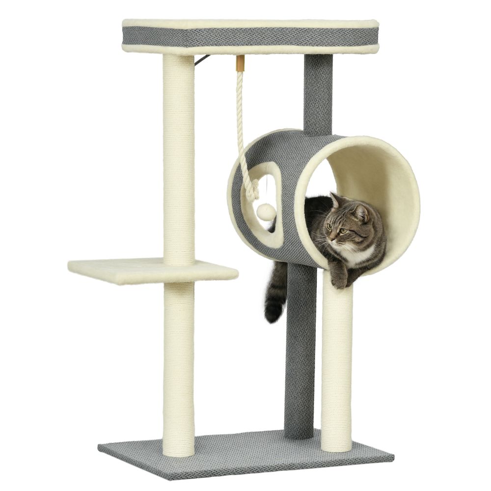 Arbre à chat en imitation lin pour repos avec tunnel et niche 104cm gris/beige