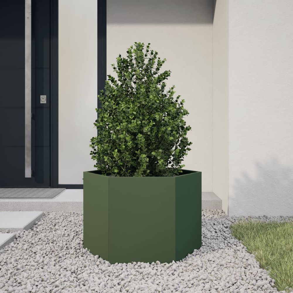 Jardinière surélevée hexagonale en acier pour potager jardin vert olive 69x60cm