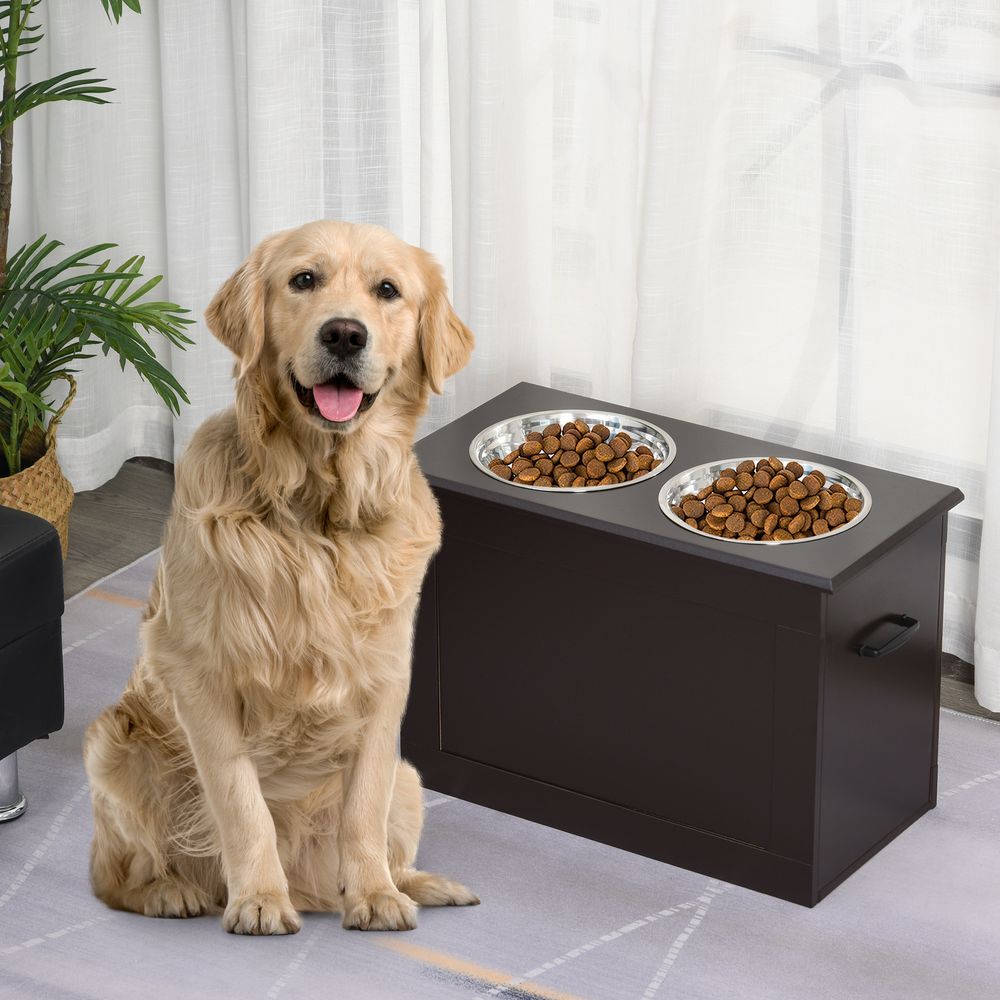 Station repas chien surélevée mdf espresso 60 x 30 x 41 cm 2 gamelles inox avec rangement pour grands chiens