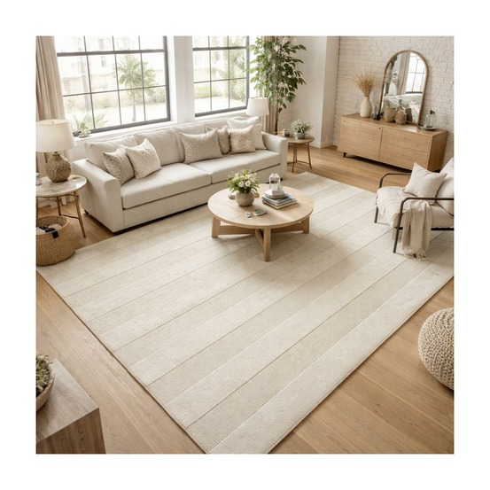 Tapis entrée 120x170 fait à la main en laine beige rectangle motif uni banda