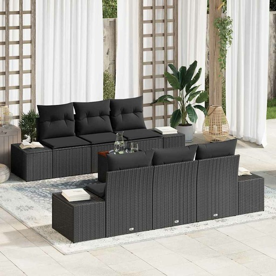 Ensemble de canapé de jardin avec coussin 7 pcs noir polyrotin