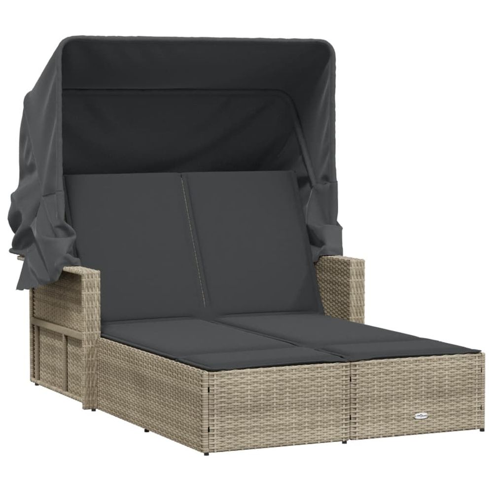 Chaise longue double avec auvent et coussins gris clair rotin bain de soleil