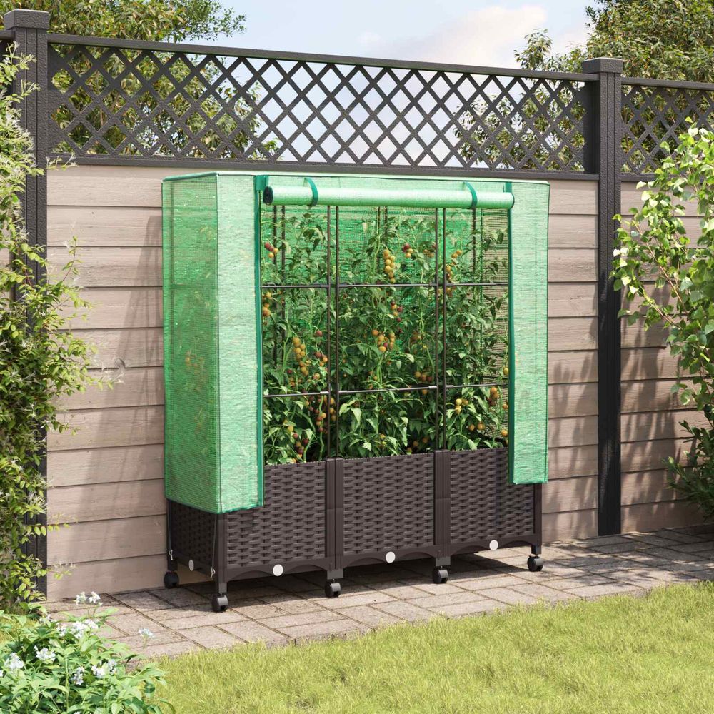 Lot 3 jardinières pp extérieur avec couverture serre et roues 120x40x144cm marron