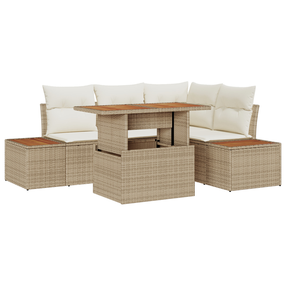 Ensemble de salle à manger de jardin de 5 pièces avec coussins beige en poly rattan et acacia