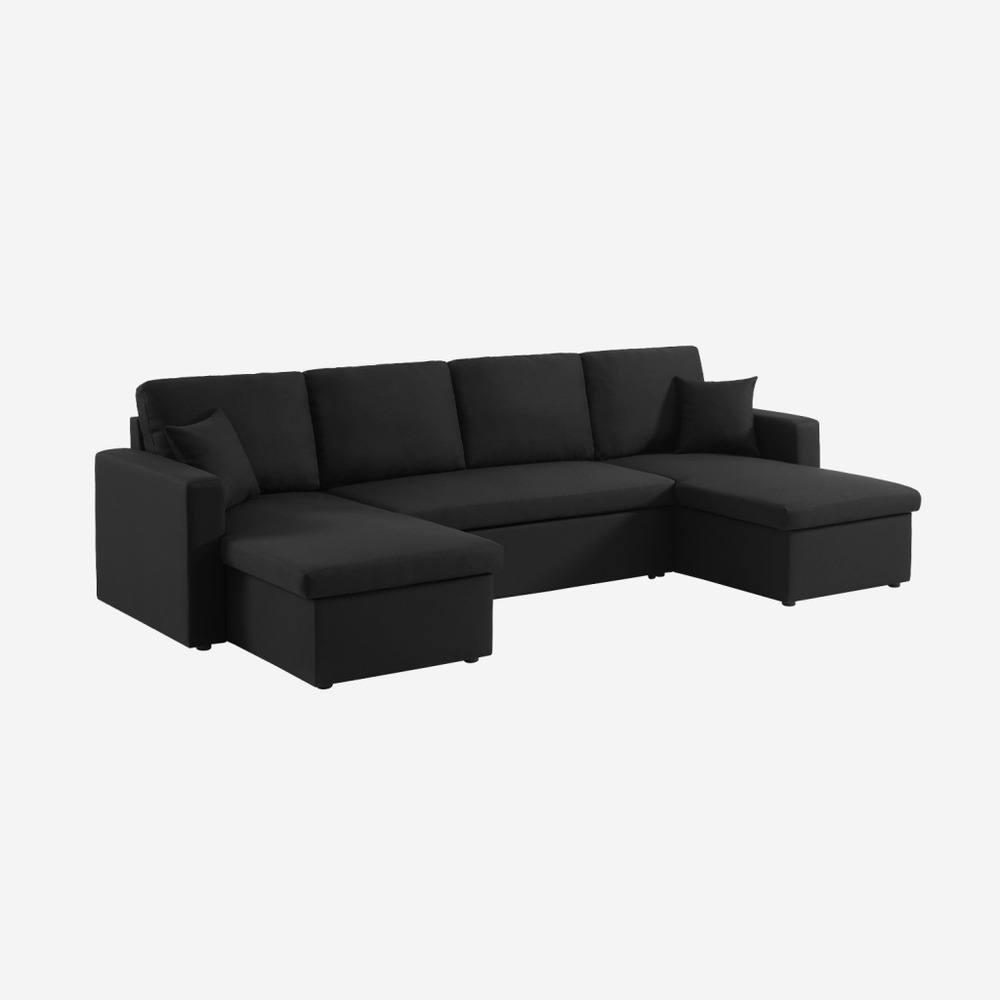 Canapé panoramique convertible en tissu, 4 places, coffre rangement, lit modulable