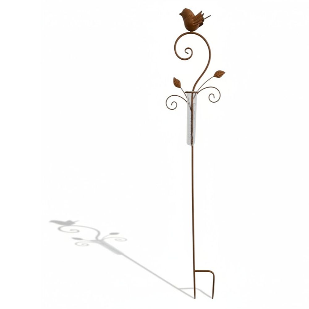 Pluviomètre à planter oiseau fer rouile 16x7x101cm