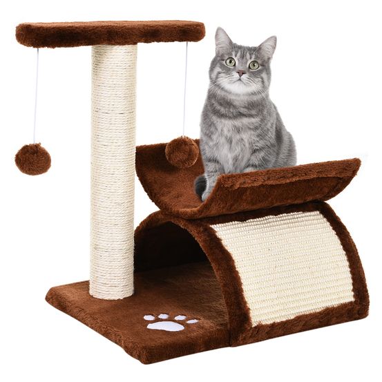 Petit arbre à chat tunnel bois pour petits chats grimper jouer 43cm marron