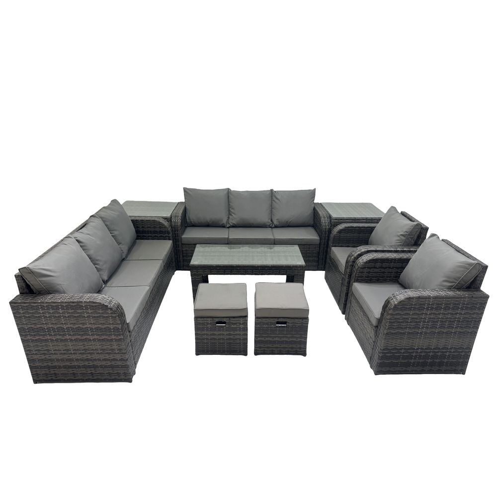 10 places ensembles de salon de jardin avec 2 chaise inclinables table basse 2 tables d'appoint 2 petits tabourets gris foncé mixte