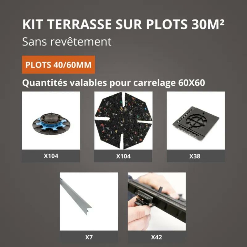Kit terrasse sur plots sans revêtement 30m² - finition gris aluminium - 40/60 mm - jouplast
