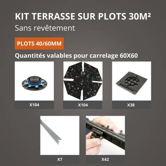 Kit terrasse sur plots sans revêtement 30m² - finition gris aluminium - 40/60 mm - jouplast