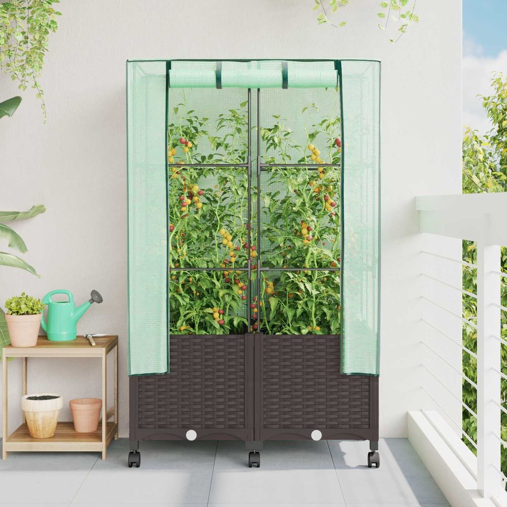 Lot 2 jardinières avec serre polypropylène terrasse protection plantes 80x40x144 marron