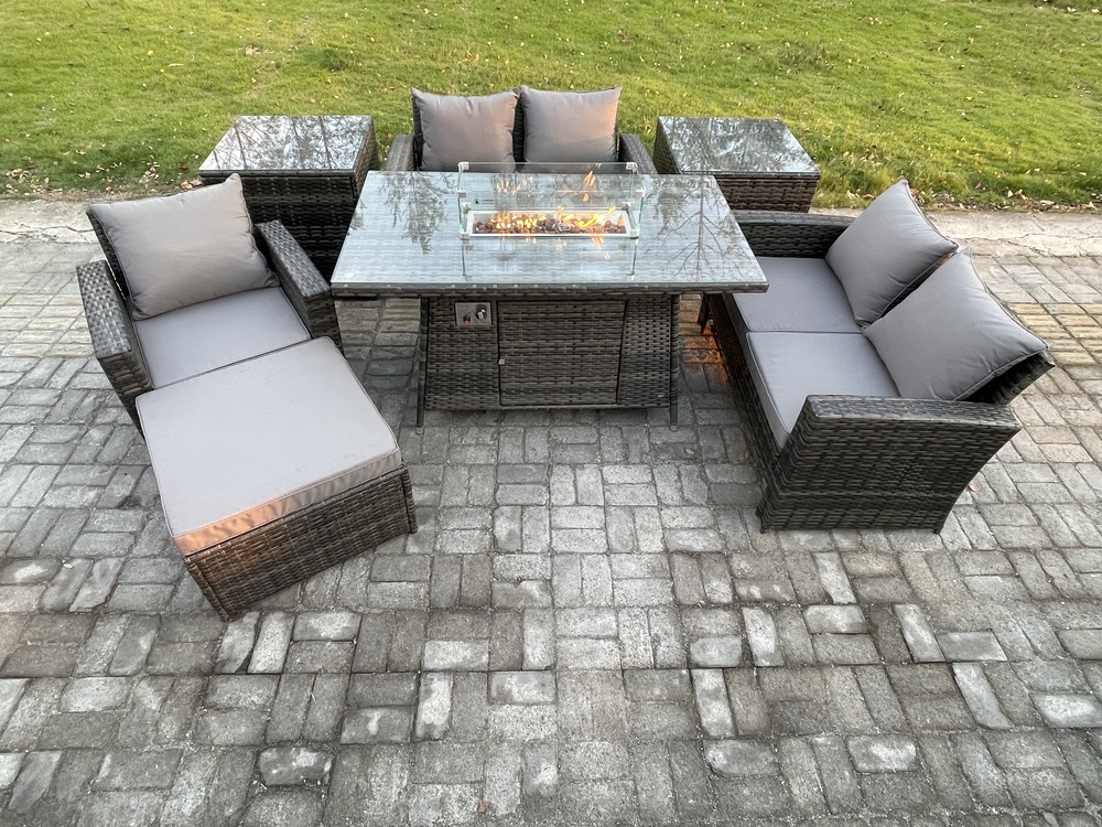 Ensemble de meubles de jardin en rotin table de foyer à gaz sets 2 table d'appoint 6 places