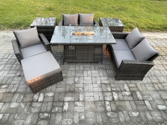 Ensemble de meubles de jardin en rotin table de foyer à gaz sets 2 table d'appoint 6 places