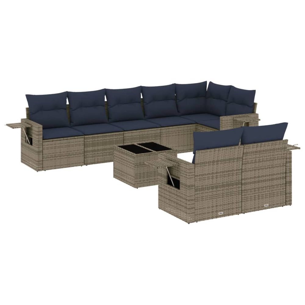 Ensemble de canapé de jardin 9 pcs avec coussins gris résine tressée