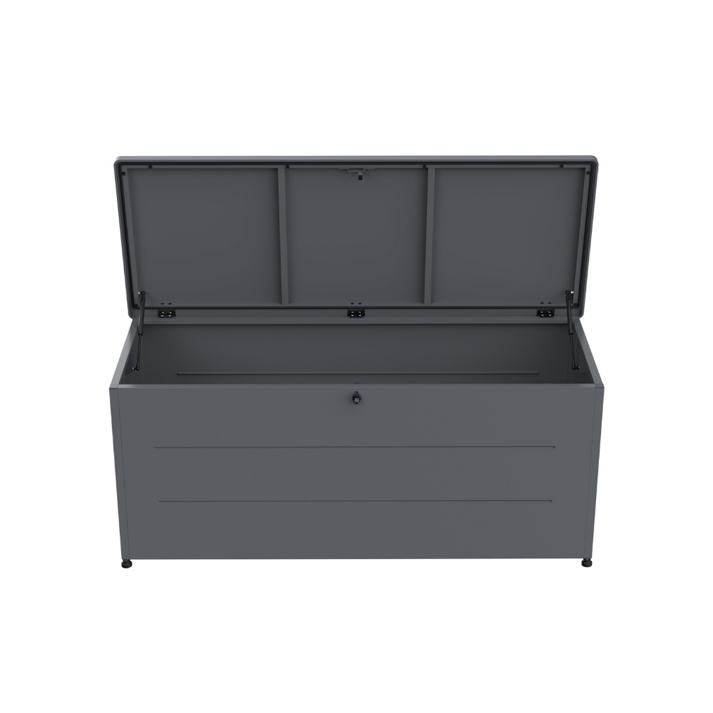 Coffre de rangement 800l gris – grand stockage en acier galvanisé avec vérin hydraulique