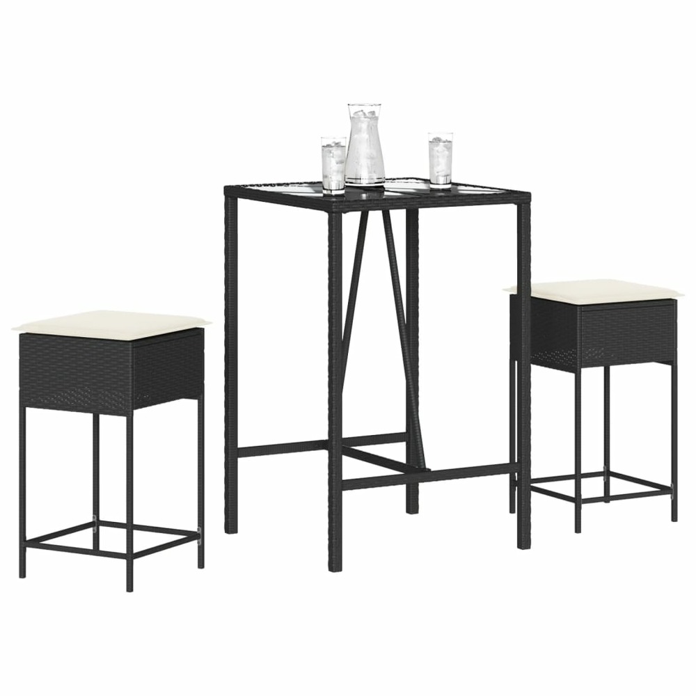 Ensemble de bar de jardin 3 pcs avec coussins noir poly rotin