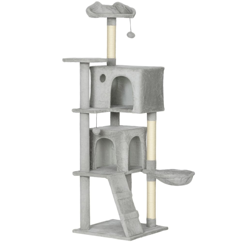 Grand arbre à chat 160 cm en sisal avec hamac et niches pour intérieur gris clair – comfortxl outdoor living