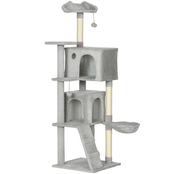 Grand arbre à chat 160 cm en sisal avec hamac et niches pour intérieur gris clair – comfortxl outdoor living