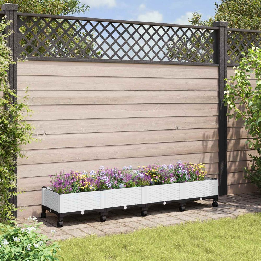 Grand bac à fleurs en polypropylène pour terrasse avec drainage et roulettes 160cm blanc