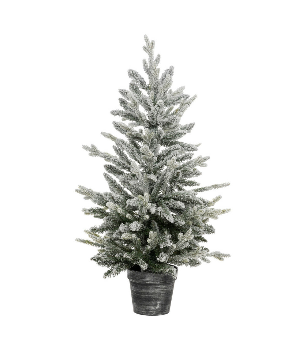 Sapin de noël artificiel vert floqué blanc et pailleté avec son pot argenté h 100 cm