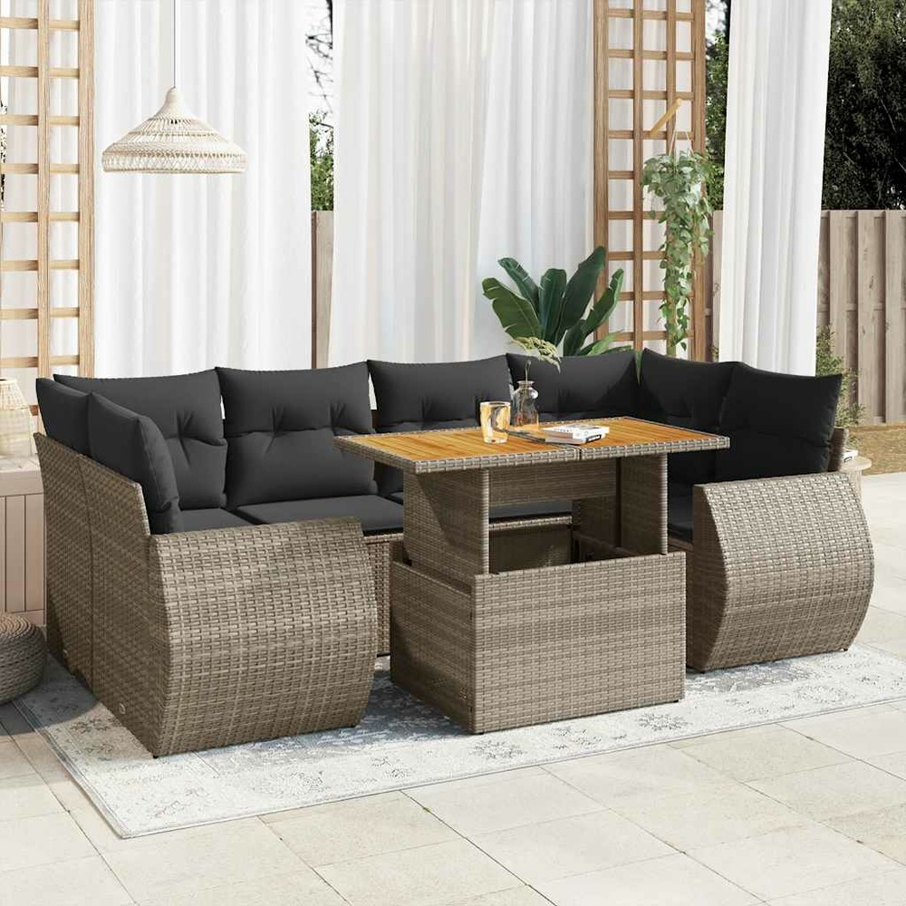 Salon de jardin avec coussins 7 pcs gris résine tressée