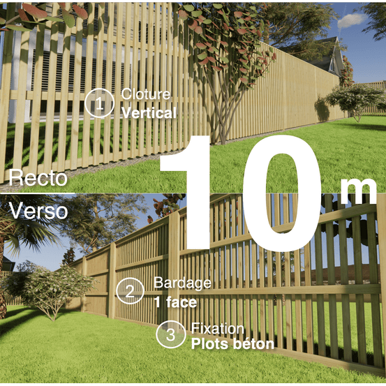 Kit clôture bois moderne 10m – h 1,9m – 45 x 45 mm autoclave – pose vertical – simple face – à sceller