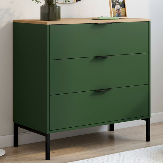 Commode 3 tiroirs kelia 80 cm vert kaki et plateau bois