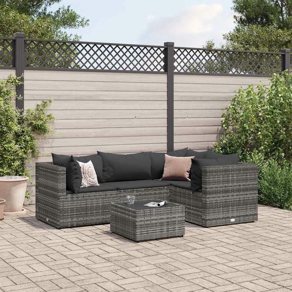 Salon de jardin 5 pcs avec coussins gris résine tressée