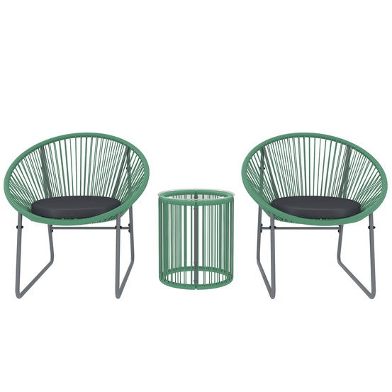Salon jardin 2 pers polyrotin: 3 pièces, 2 fauteuils + table appoint, coussins, résistant intempéries vert