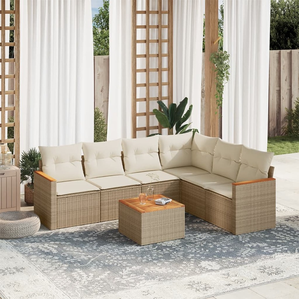 Salon de jardin avec coussins 7 pcs beige résine tressée