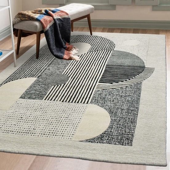 Tapis cuisine 120x170 fait à la main en laine crème rectangle motif géométrique