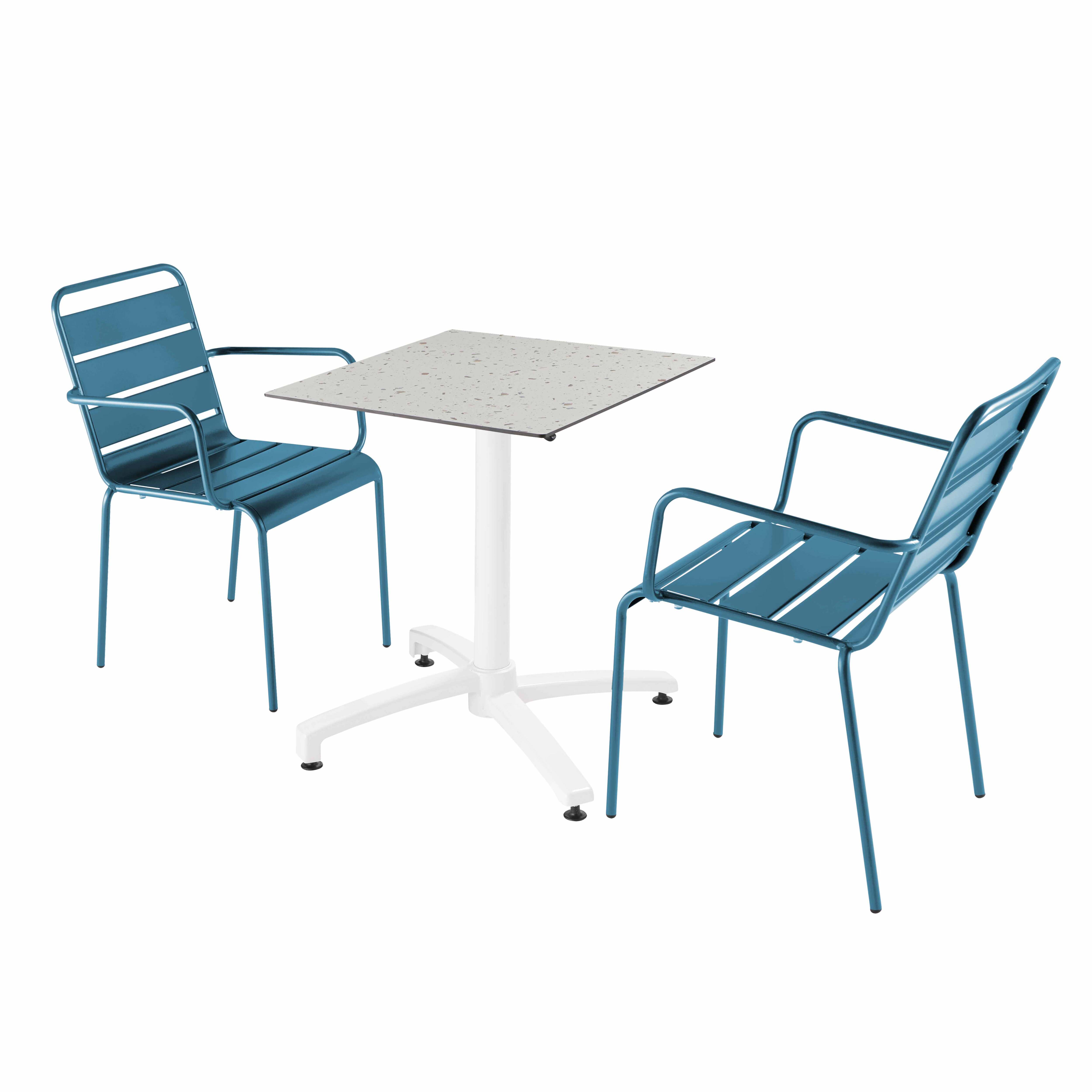 Ensemble table terrasse stratifié terrazzo et 2 chaises bleu pacific