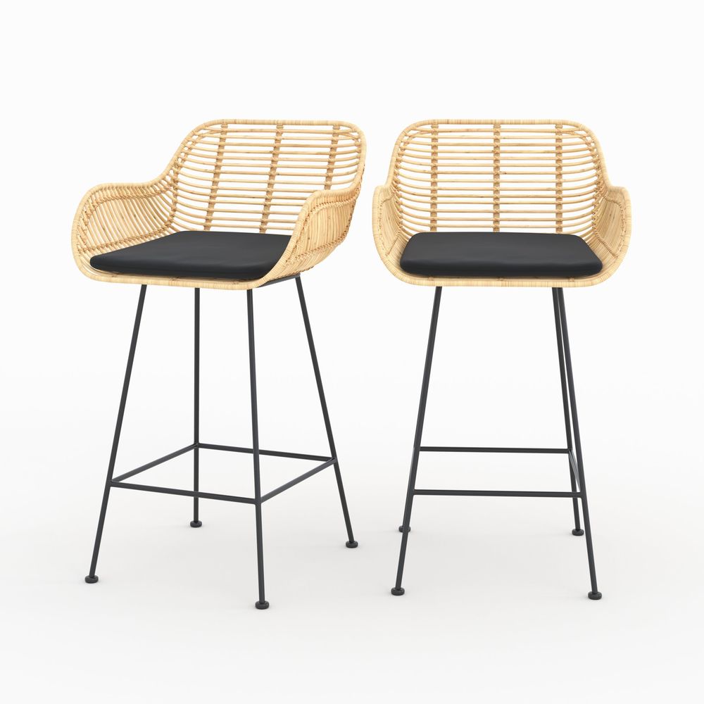 Pops-lot de 2 chaises pour îlot central 66 cm en rotin et tissu noir